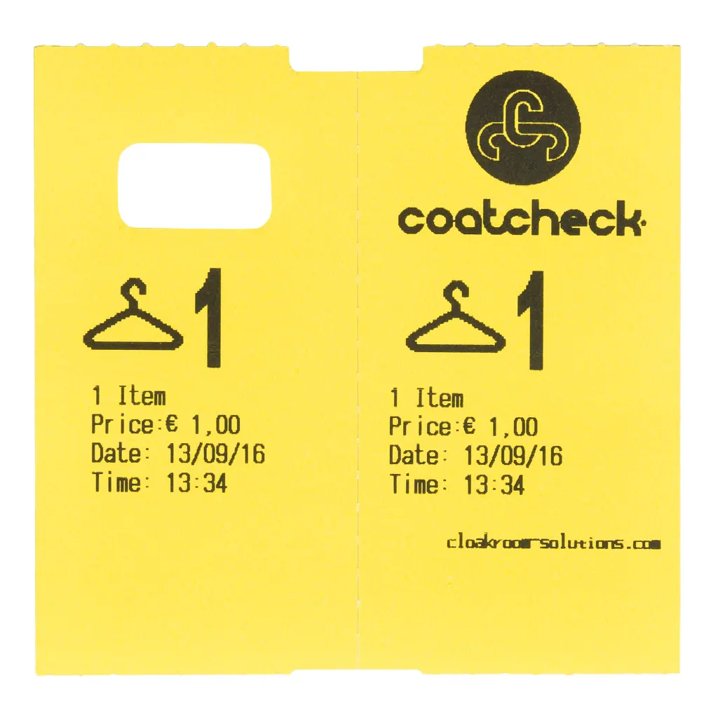 Coatcheck garderobe tickets, 14 rollen x 325 tickets, Geel