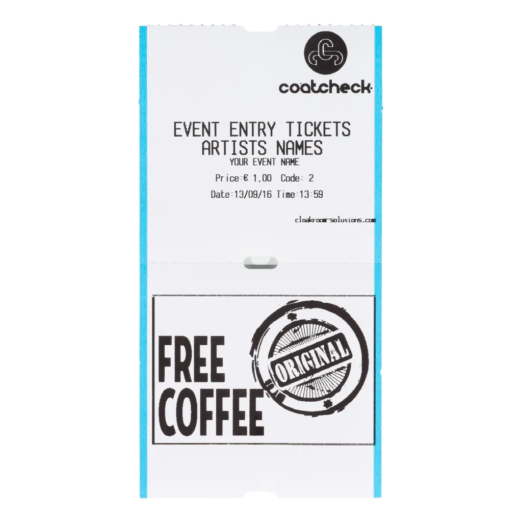 Coatcheck rol, entreetickets zonder controlestrook, 14 x 325 tickets, wit/blauw