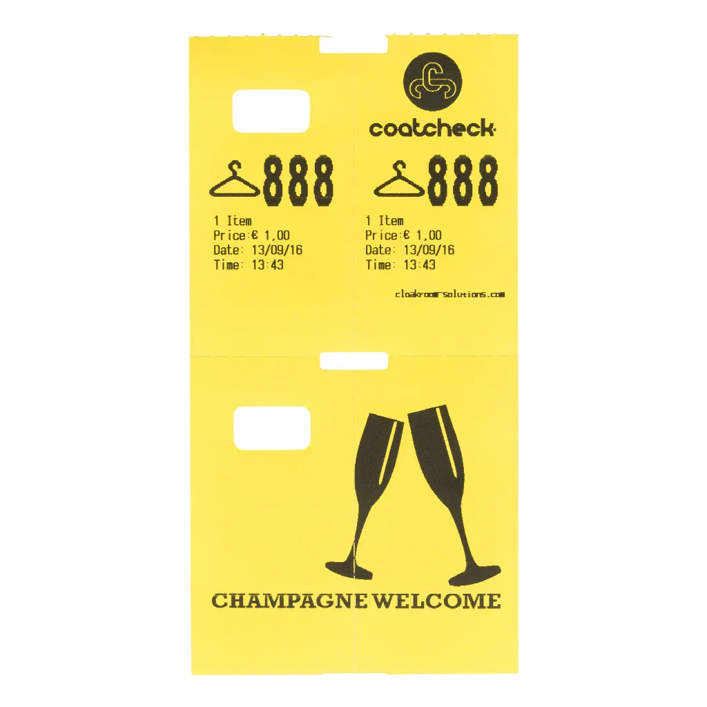 Coatcheck garderobe tickets, 14 rollen x 325 tickets, Geel