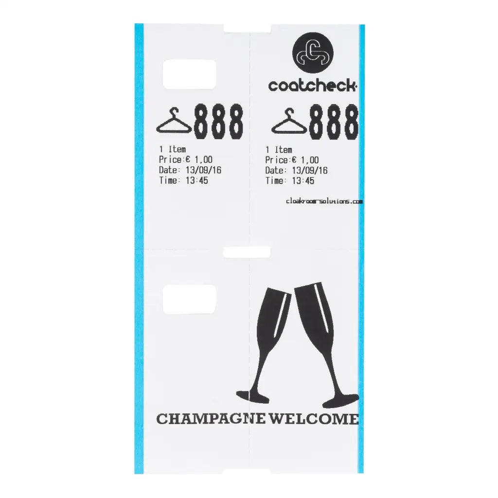 Coatcheck garderobe tickets, 14 rollen x 325 tickets, wit met blauwe rand