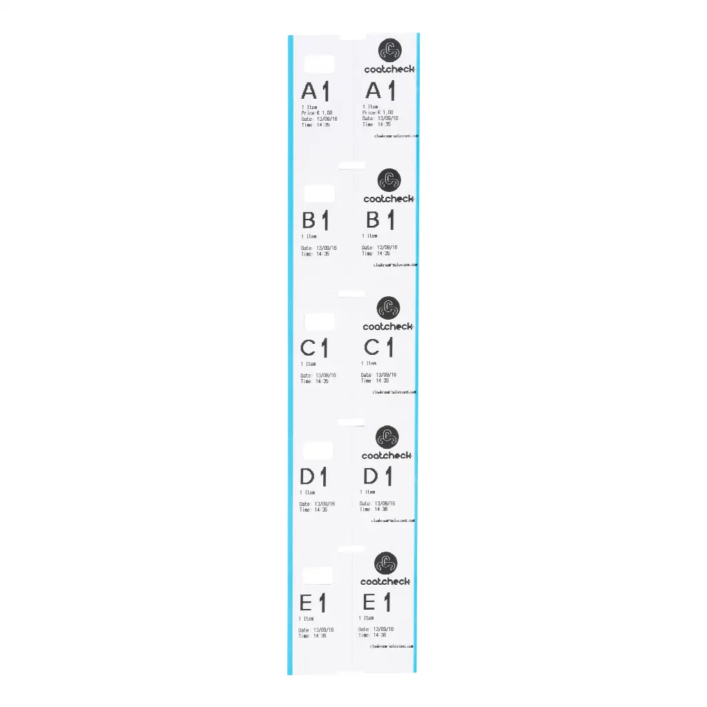 Coatcheck garderobe tickets, 14 rollen x 325 tickets, wit met blauwe rand