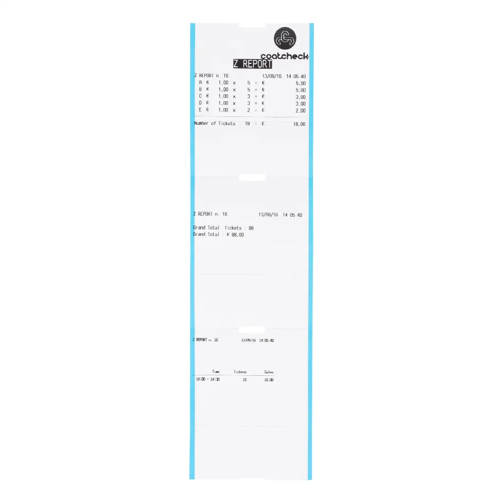 Coatcheck rol, entreetickets zonder controlestrook, 14 x 325 tickets, wit/blauw