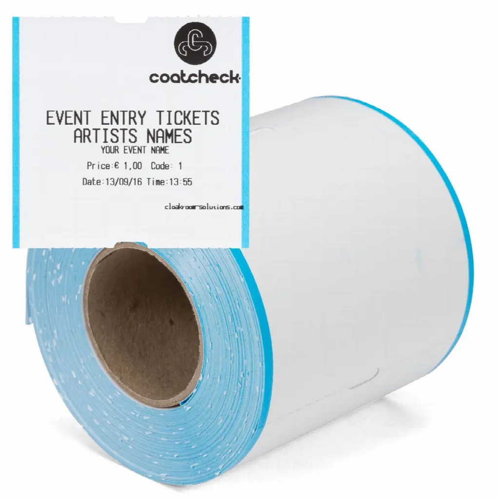 Coatcheck rol, entreetickets zonder controlestrook, 14 x 325 tickets, wit/blauw